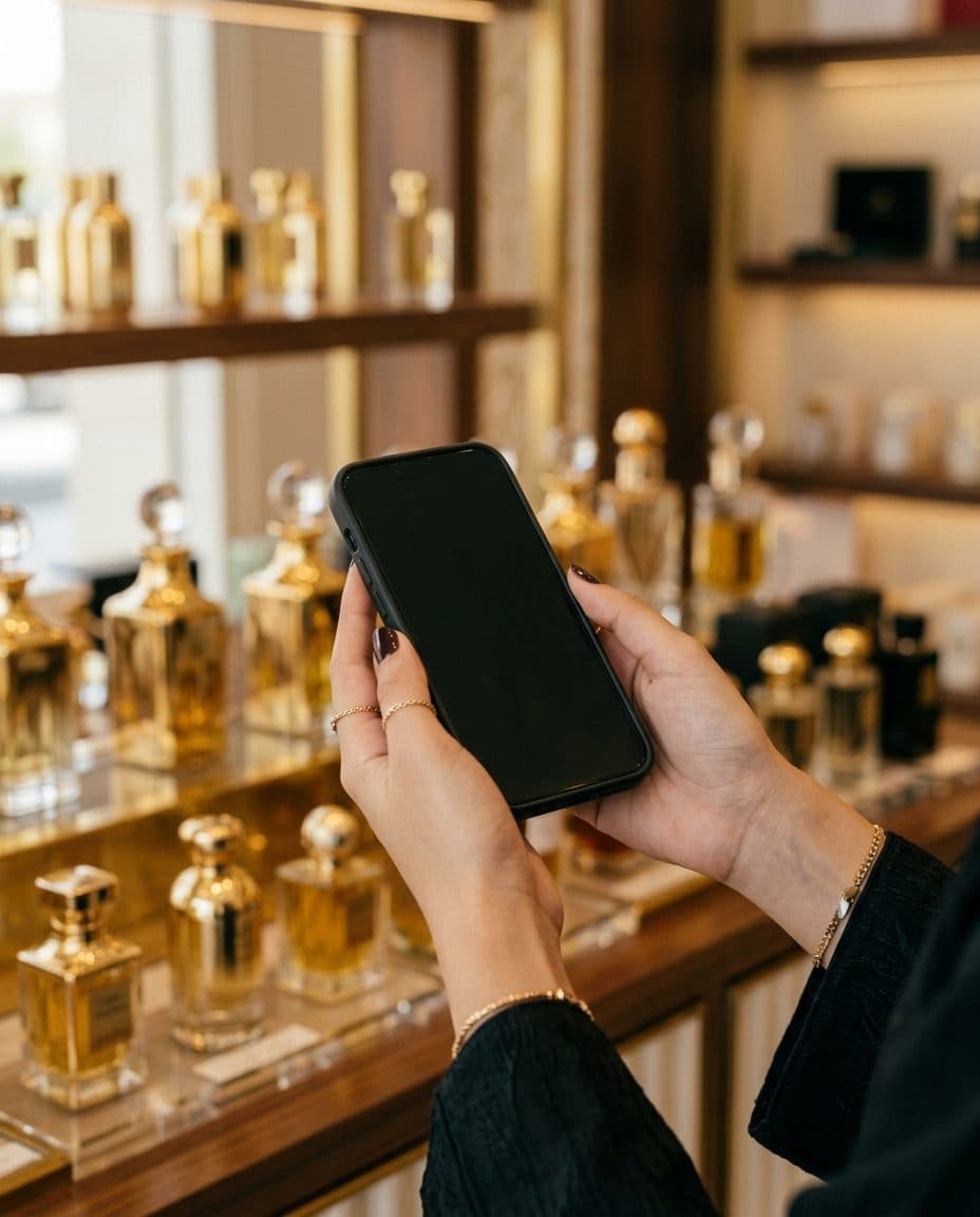 Hands holding a phone in a perfume shop