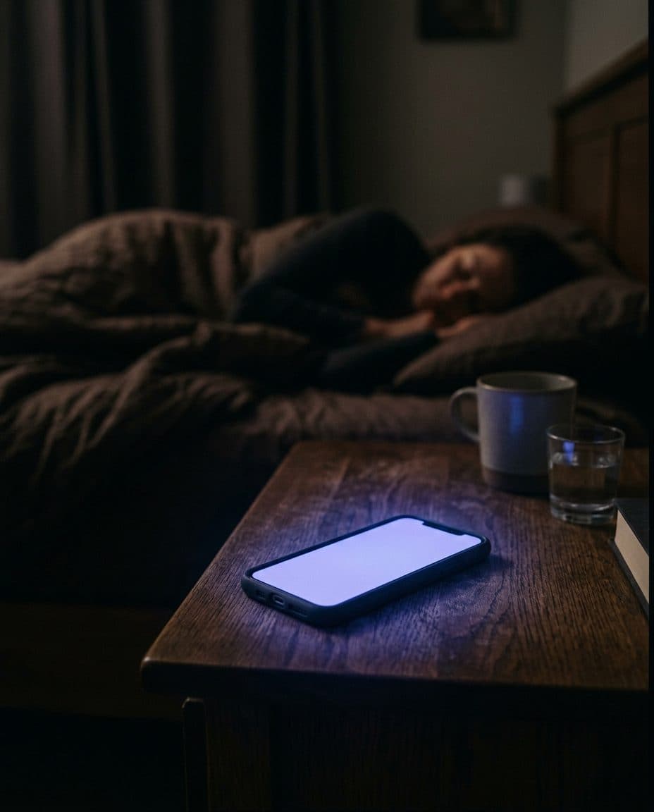 A phone glowing on a bedside table at night