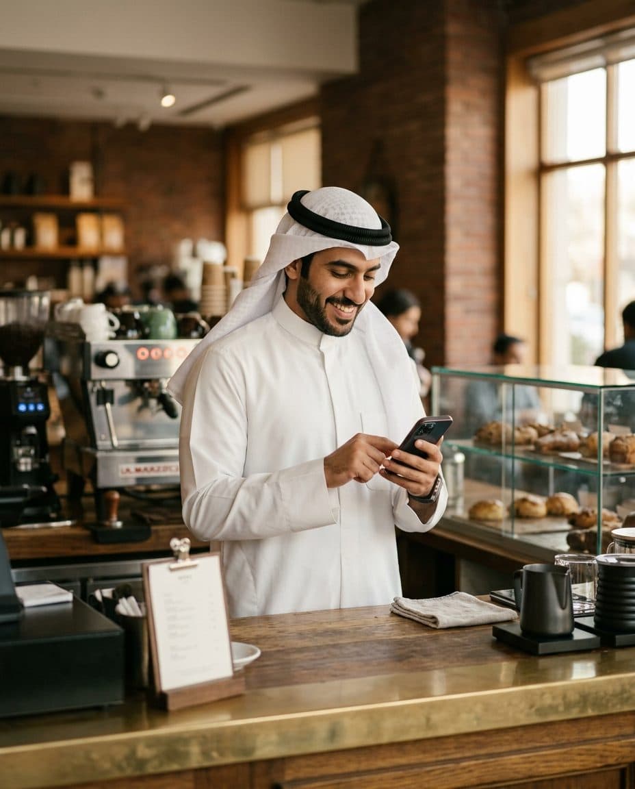 A café owner replying to a customer on his phone