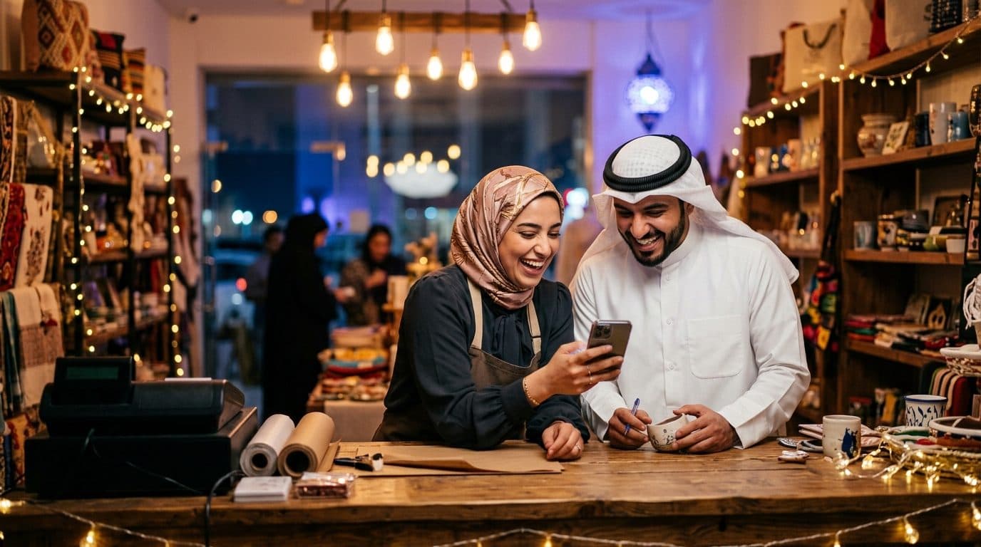 Two shop owners laughing at a message on a phone