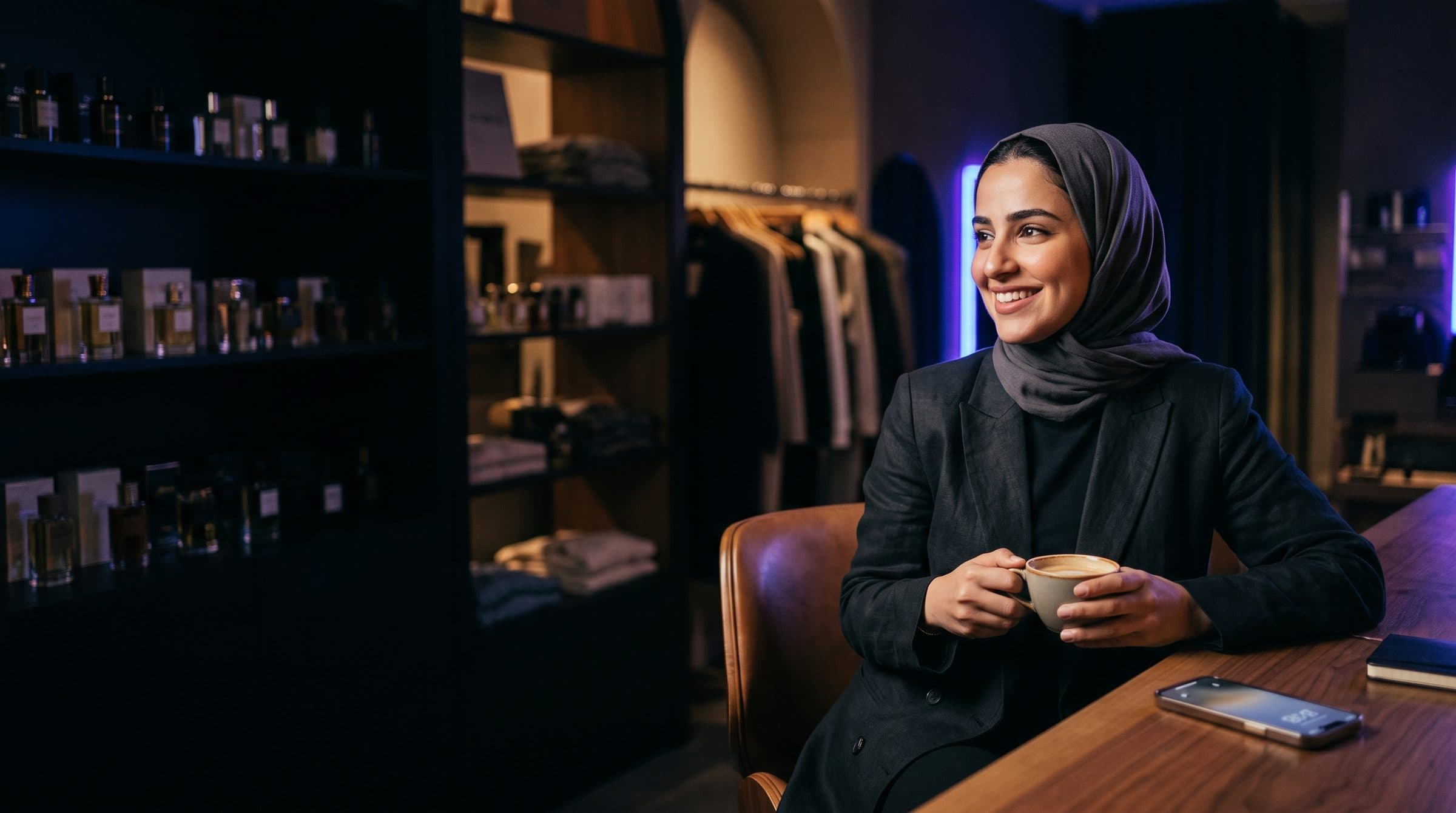 A shop owner relaxing with a coffee in her boutique while her phone lights up with new messages